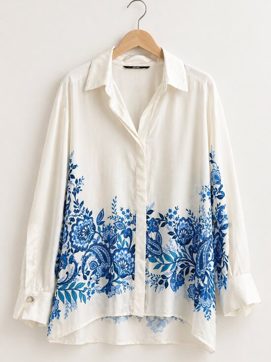 Zara Tops - Zara Silky Blue Floral Blouse White Button Front Top Size L NWOT